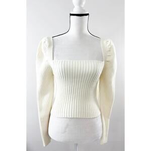 Forever 21 Cream Back Tie Puff Sleeve Sweater - Size S
